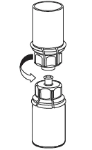 Dibujo técnico que muestra el movimiento rotatorio de un cilindro superior para enroscarlo en la base de un recipiente médico mediante una flecha curva