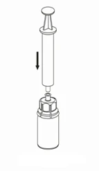 Dibujo técnico de una jeringa que se inserta hacia abajo en un frasco de vidrio, con una flecha negra que indica el movimiento