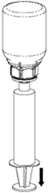 Dibujo técnico de un dispositivo médico con forma de cilindro, con una base plana y una flecha negra dirigida hacia abajo en la base