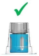 Medical spray device with a blue body and gray top under a green checkmark indicating correctness or approval