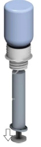 Cylindrical medical device composed of an upper blue reservoir, a central gray body, and a lower plunger with a white arrow