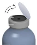 A curved arrow indicating the removal of a white circular cap from a light blue medical vial