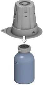 A gray cap being lowered with a downward arrow to be placed on top of a cylindrical blue vial