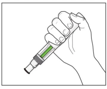 A hand firmly holds a vertical injection pen with visible green liquid inside the reservoir