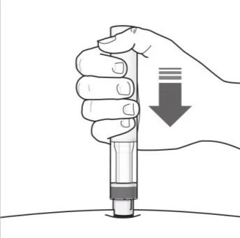 A hand holds an injection pen vertically against the skin with a downward arrow indicating pressure