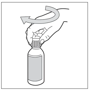 A hand turning the ribbed cap of a medical bottle counterclockwise to open it, as indicated by the curved arrow above the hand
