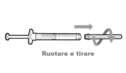 Technical drawing of a syringe with arrows indicating to rotate the terminal part and pull to separate the two components with underlying text