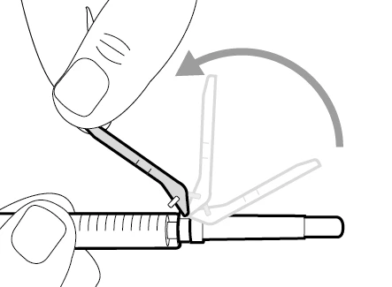 A hand rotates a lever device downward to attach and lock the upper part of a medical injection pen