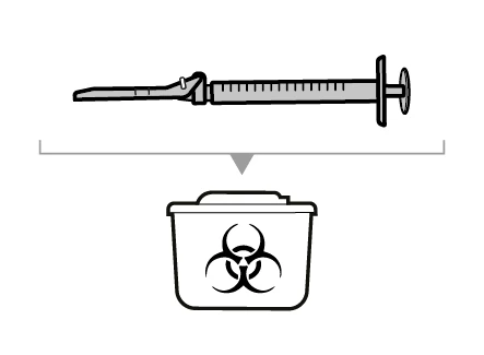 Stylized drawing of a syringe with needle being inserted into a biological waste container marked with the biohazard symbol