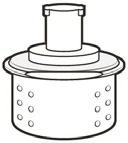 Black and white technical drawing of a cylindrical medical device with a wide base and a narrow, laterally perforated upper cap