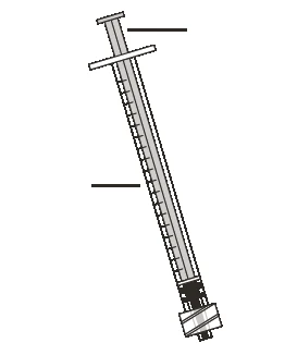 Technical drawing of a syringe with graduated scale and plunger, oriented diagonally with two horizontal black lines indicating reference points