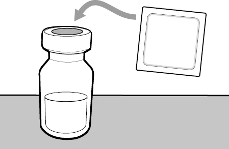 Schematic drawing of a glass vial with liquid and a square protective cover being removed with a curved arrow pointing