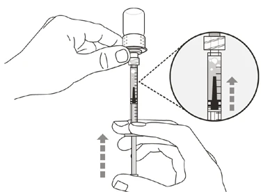 Two hands holding a syringe with a circular enlargement showing the movement toward the