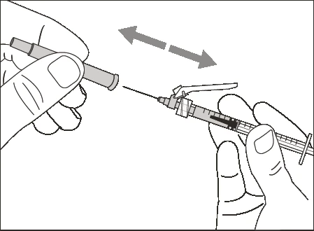 Two hands screwing or unscrewing a needle on a syringe with a double-headed arrow indicating the rotational movement between the two components
