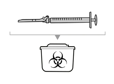 Stylized drawing of a horizontal syringe with an arrow indicating its disposal