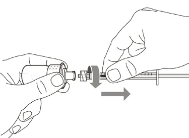 Two hands connecting a medical device to a tube via a rotational movement indicated by a curved arrow and a horizontal arrow