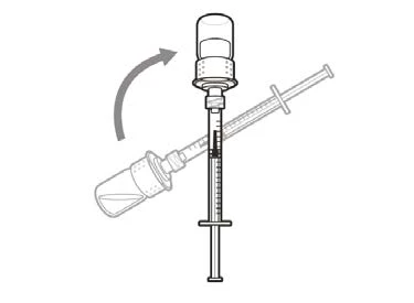 Diagram showing the rotational movement of a drug vial to attach it to a pre-filled syringe via a screw connection
