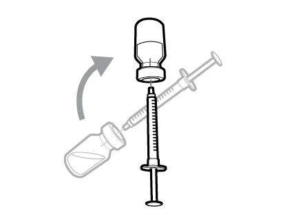 Technical drawing showing a syringe with needle directed toward a vial and a curved arrow indicating rotation toward the