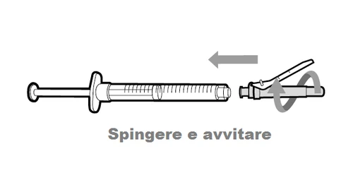 Diagram showing a syringe to be connected to a device via a horizontal arrow and a circular arrow with the text 'Push and screw'