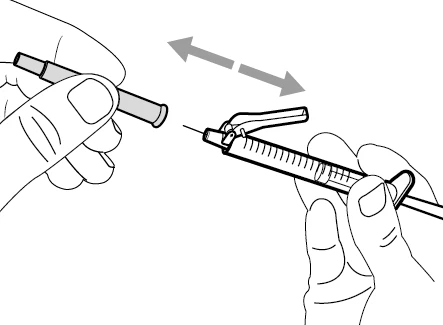 Two hands moving a syringe with needle and cap back and forth to connect the two components via a double-headed arrow