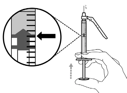 Enlarged detail of a syringe held in hand showing the liquid level with a black arrow indicating the graduated mark