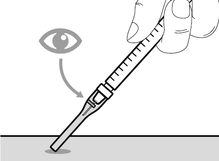 Stylized drawing of a hand holding a graduated syringe with an arrow indicating the