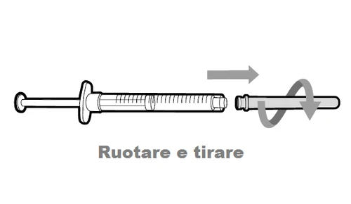 Technical drawing of a syringe with arrows indicating to rotate the right component and pull it toward the