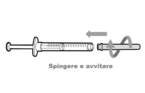 Technical drawing of a syringe being assembled by joining the barrel to the connector with a curved arrow indicating the screwing motion