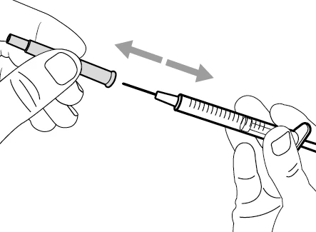 Two hands screwing a needle onto a syringe with a double-headed arrow indicating the rotational assembly movement