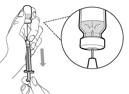 Two hands holding a vial and a syringe with a needle inserted into the stopper to aspirate liquid downward
