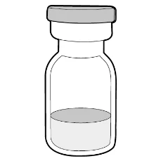 Stylized drawing of a glass medical vial with a gray cap and partially filled liquid content