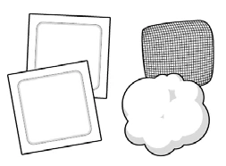 Stylized drawing of two square adhesive bandages, a mesh gauze, and a white cotton ball on a neutral background