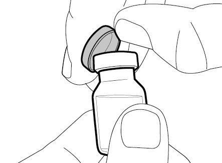 Two hands hold a glass vial containing liquid while one hand lifts the protective cap from the top of the container