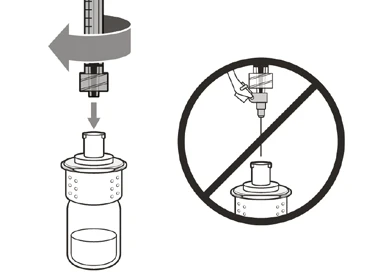 Diagram showing the correct insertion of a needle into a vial with a directional arrow and a prohibition symbol on incorrect use