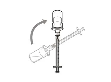 Diagram showing the rotational movement of a syringe to attach it vertically to a drug vial via a connector
