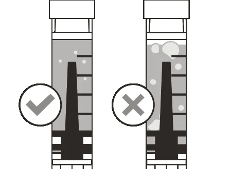 Two vertical syringes with gray liquid; the one on the left has a control checkmark, the one on the right has a cross above air bubbles