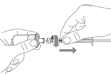 Two hands rotating and inserting a cylindrical component into a medical device following the direction of gray arrows