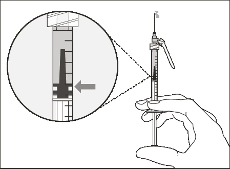 A hand holds a syringe with needle and an enlargement shows the detail of the plunger positioned on the graduated scale of the barrel