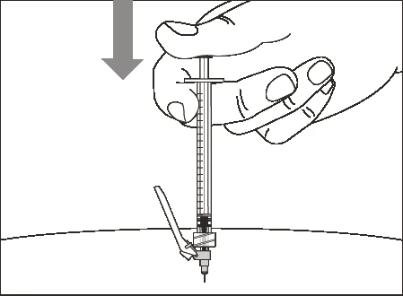 A hand holds a syringe with needle pointing downward on a curved surface with a gray arrow pointing at the syringe