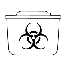 White container with flat lid displaying at the center the black biohazard symbol for disposal of medical waste