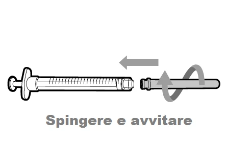 Technical drawing of a syringe being pushed toward a container and then screwed with a horizontal arrow and a rotational curved arrow