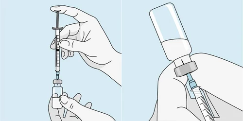 Illustration of two hands using a syringe to draw liquid from a glass vial on a light blue background