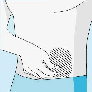 Stylized drawing of a person holding their hand on the lower right abdominal area highlighted by a circle with diagonal hatching