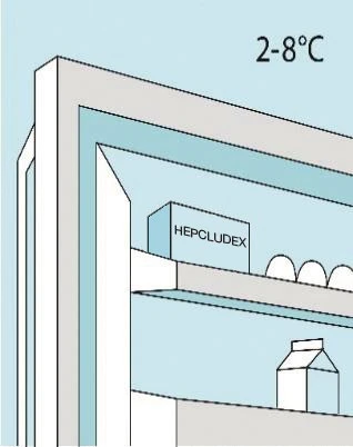 Stylized graphic of white shelves with boxes of Hepcludex medication and indication of storage temperature between 2 and 8 degrees Celsius