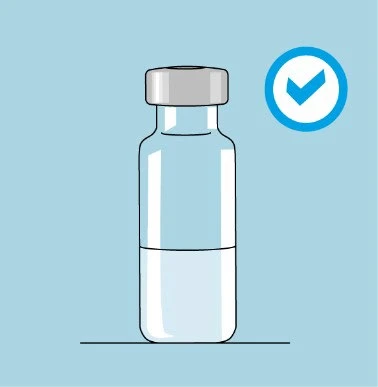 Illustration of a transparent glass vial with a gray stopper and liquid inside