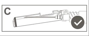 Disegno tecnico in bianco e nero che mostra un dispositivo medico con un ago protetto e un segno di spunta in un cerchio scuro