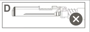 Disegno tecnico in bianco e nero di un dispositivo medico con la lettera D e una grande croce bianca in un cerchio scuro sulla destra