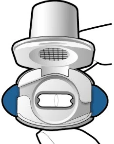 White medical device with blue side buttons and a central rectangular window on a white background