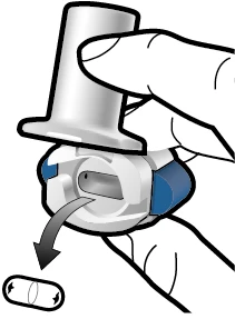 A hand holding a white and blue medical device with an arrow indicating a downward rotational movement for administration