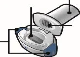 Technical diagram of a medical device with reference lines indicating different parts of the white and blue plastic structure